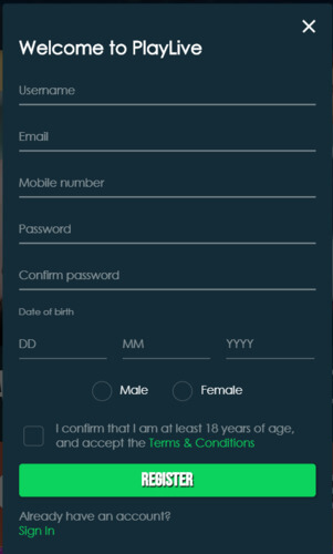 PlayLive casino register