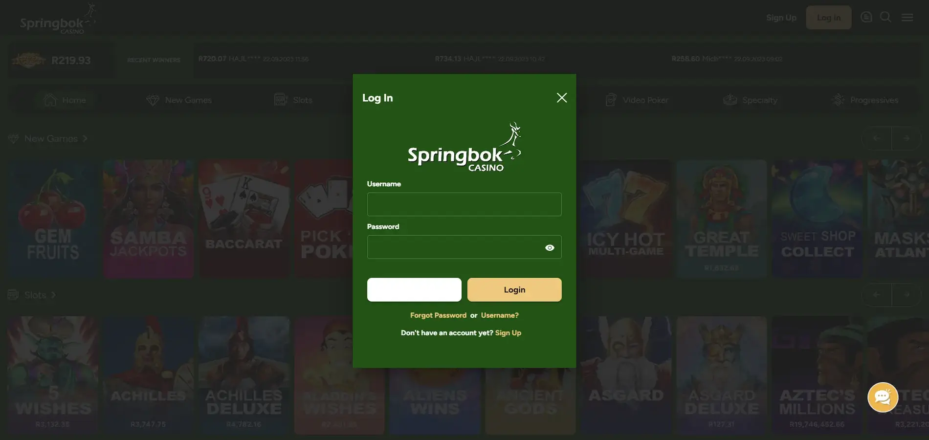 Springbok casino login lobby